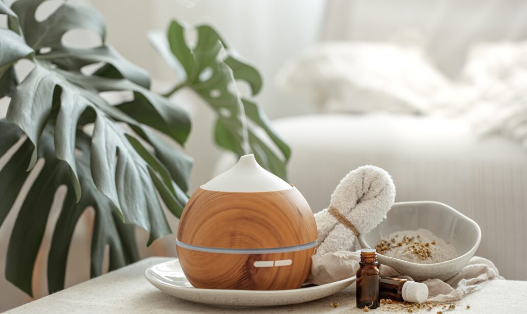 Image of a nebulizer on a table in a room with a white couch and plant